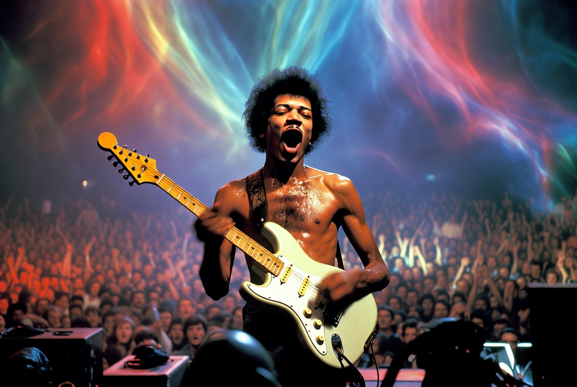 Jimi Hendrix performing passionately with his white Fender Stratocaster on stage