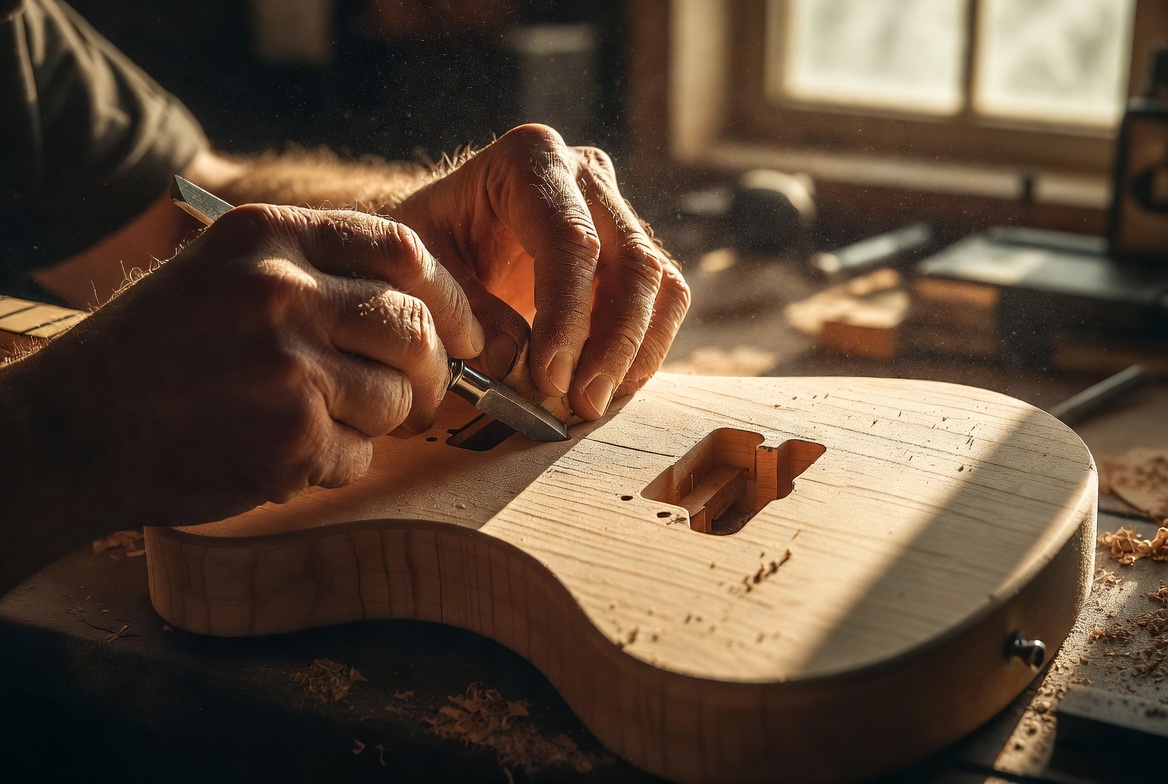 Master luthier carving a Fender Stratocaster body in a sunlit workshop
