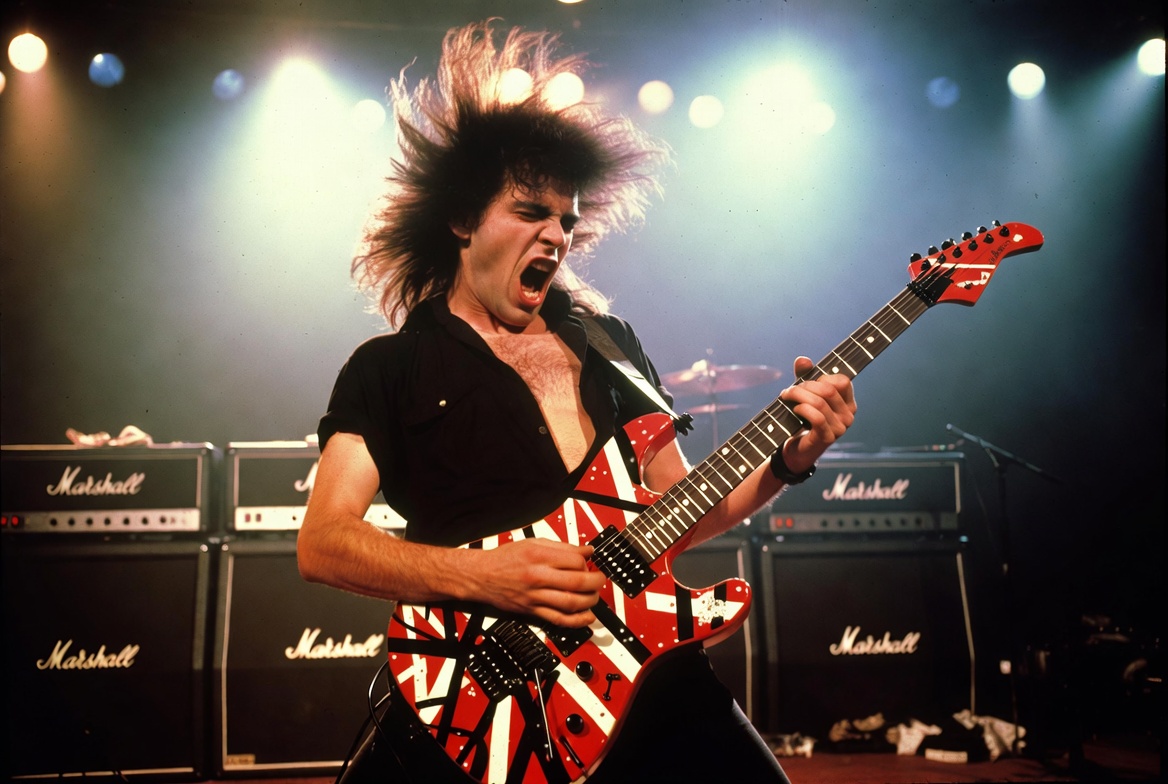 Eddie Van Halen performing with his iconic Frankenstrat superstrat on stage with Marshall amps